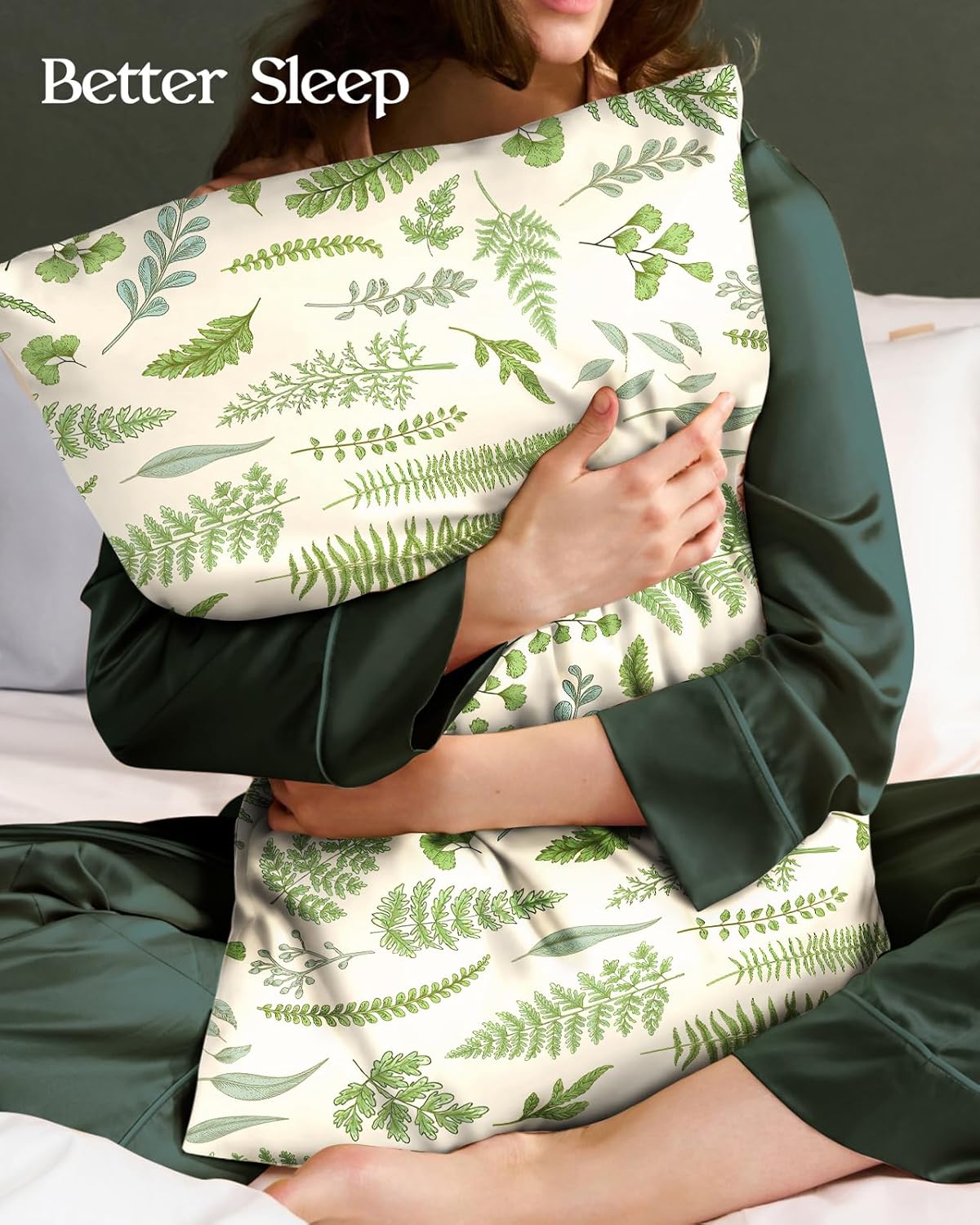 Miss Adola 2 Pack Silk Pillowcase - 20x30 Inch Queen Size Silk Pillow Case with Hidden Zipper for Women Lady Smooth Soft Breathable Cute Design Pillowcase for Hair and Skin, Green Leaf - Image 2