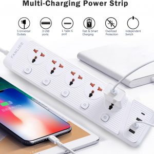 Universal Power Strip with USB C, 5 Outlets 3 USB and 1 USB C Ports, 6.5ft Power Cord Circuit Breaker