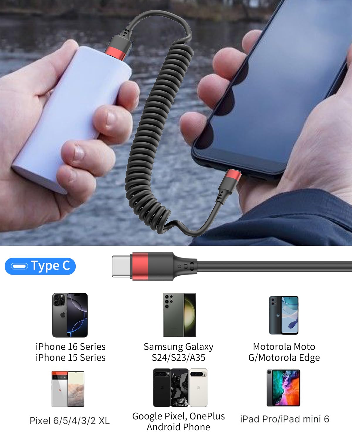 2 Pack USB C Coiled Cable, Fast Charging USB to USB C Cord for iPhone 16/16 Pro Max, Samsung Galaxy S24, Moto G8, Google Pixel, Retractable for Car - Image 7