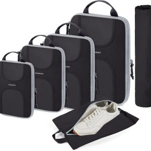 BAGSMART Compression Packing Cubes, 6 Set Packing Cubes for Suitcases, Lightweight Suitcases Organizers Bag Set & Compression Travel Cubes, Travel Essentials Packing Organizers Black