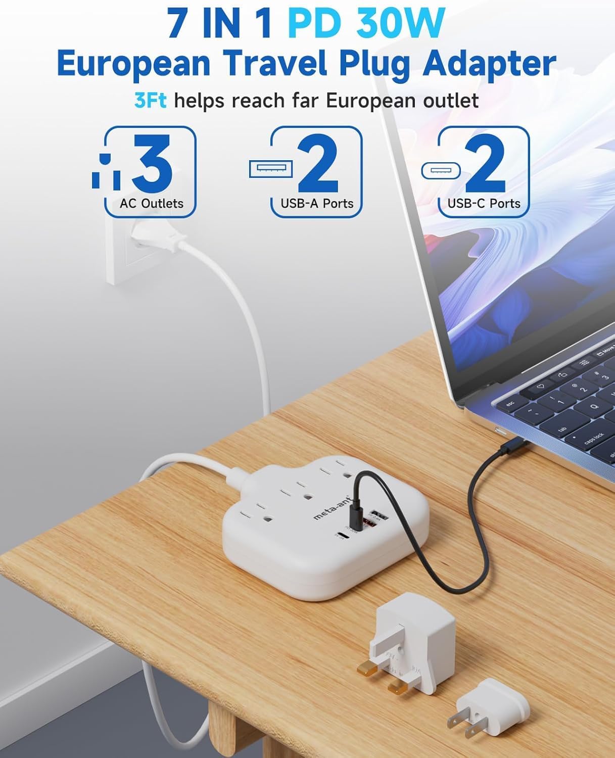 PD30W European Travel Plug Adapter, International Power Adapter with 3 Outlets 2 USB-C and 2 USB-A Fast Charger, Universal Travel Adapter with 3ft Extension Cord for EU US UK Europe France Spain - Image 5