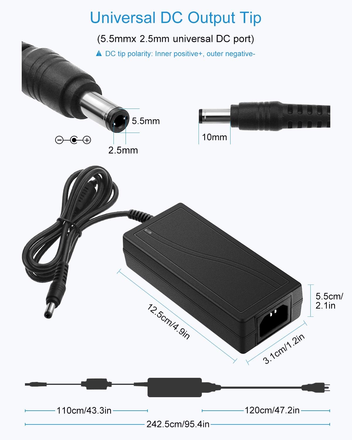 ALITOVE 12V Power Supply 6A 72W AC to DC Adapter 100~240V AC to DC 12 Volt 6 Amp Converter 12 vdc 6A 5.8A 5.5A 5.2A Transformer 5.5mmx 2.5mm 2.1mm Plug for LED Strip Light CCTV Camera DC Pump Fan - Image 3