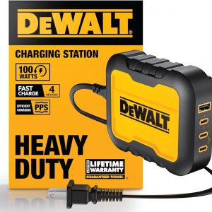 DEWALT Heavy Duty 4 Port USB C Charger Block, 100W USB C Charger Intelligent Power Sharing, 6ft Power Cord, Charge 4 Devices Compatible w/DEWALT 20V Batteries, Perfect for Work Tables & Jobsites