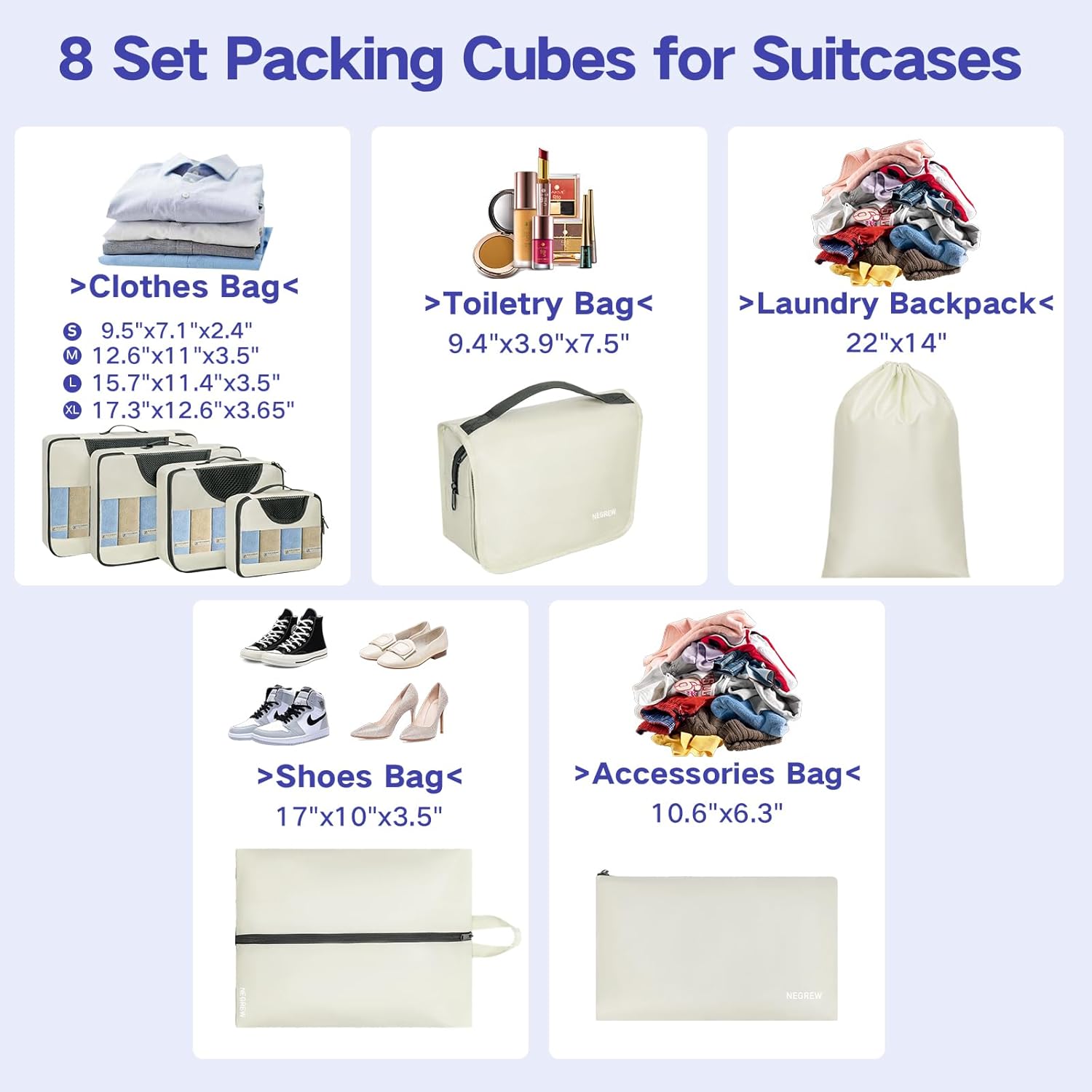 Packing Cubes 8 Set Suitcase Packing Cubes Breathable Mesh Travel Cubes Organizer for Packing Lightweight Vacation Travel Essentials Accessories (Beige) - Image 2