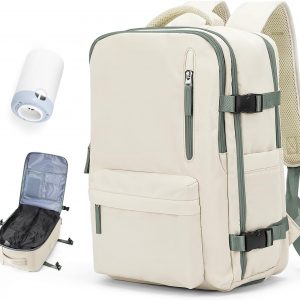 Vacuum Travel Backpack with Pump for Women, Personal Item Carry on Backpacks Flight Approved 18x14x8 inches for Men,Laptop Waterproof Work Compression bags Casual Daypack BeigeGreen