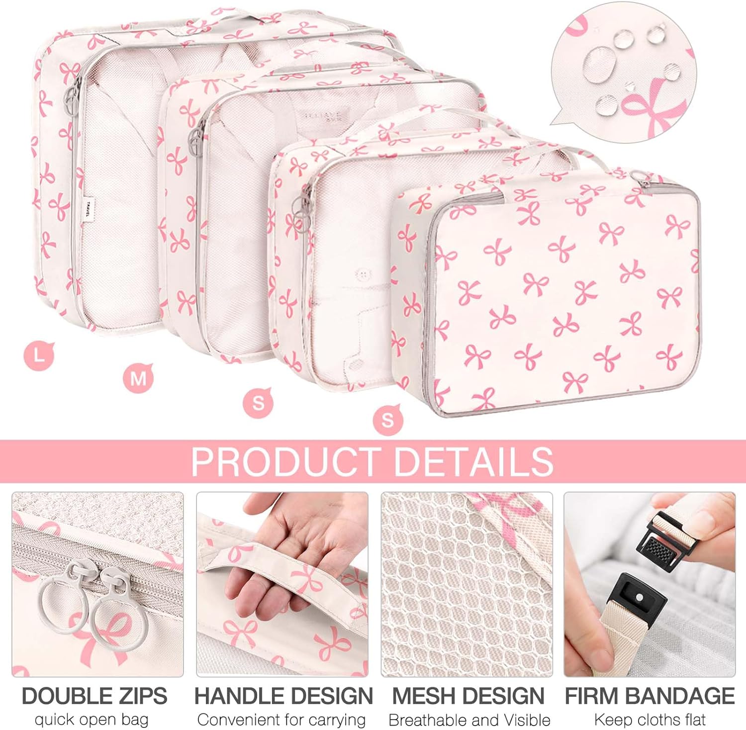 KPX 8 Set Packing Cubes for Travel, Luggage Packing Organizers Accessories Large Toiletries Bag for Clothes Shoes Cosmetics (8Set-Pink Bow) - Image 3