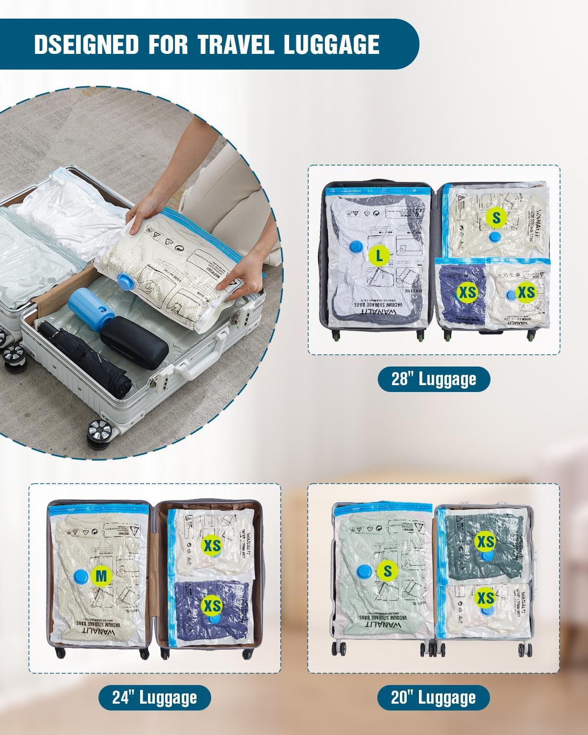 Vacuum Storage Bags for Travel, 8 Pack (4S+4XS) Vacuum Seal Bags with Wireless Rechargeable Electric Pump, Travel Essentials Space Saving Compression Bag for Clothes, Luggage, Suitcase, Backpack, Trip - Image 6