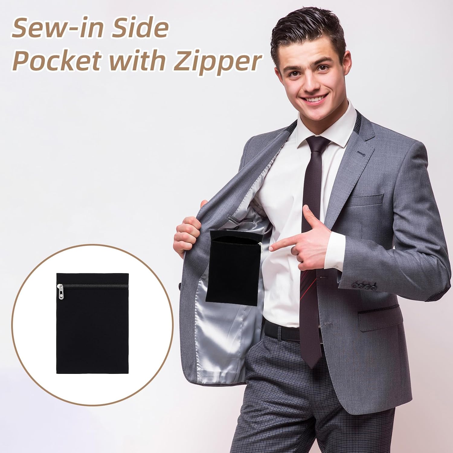 Sew-in Side Hidden Pocket with Zipper, Inside Security Pocket for Clothing Coat Inside PocketsTravel Wallet Pouch for Jackets Coats Sweatshirts - Image 7