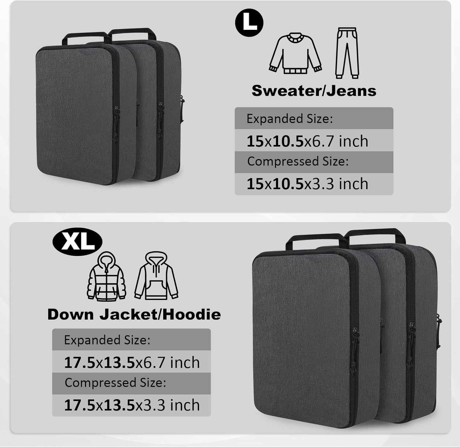 Extra Large Compression Packing Cubes for Travel Essentials, 2 Set Expandable Travel Cubes for Packing Compression Bags Luggage Suitcase Organizer, Black - Image 3