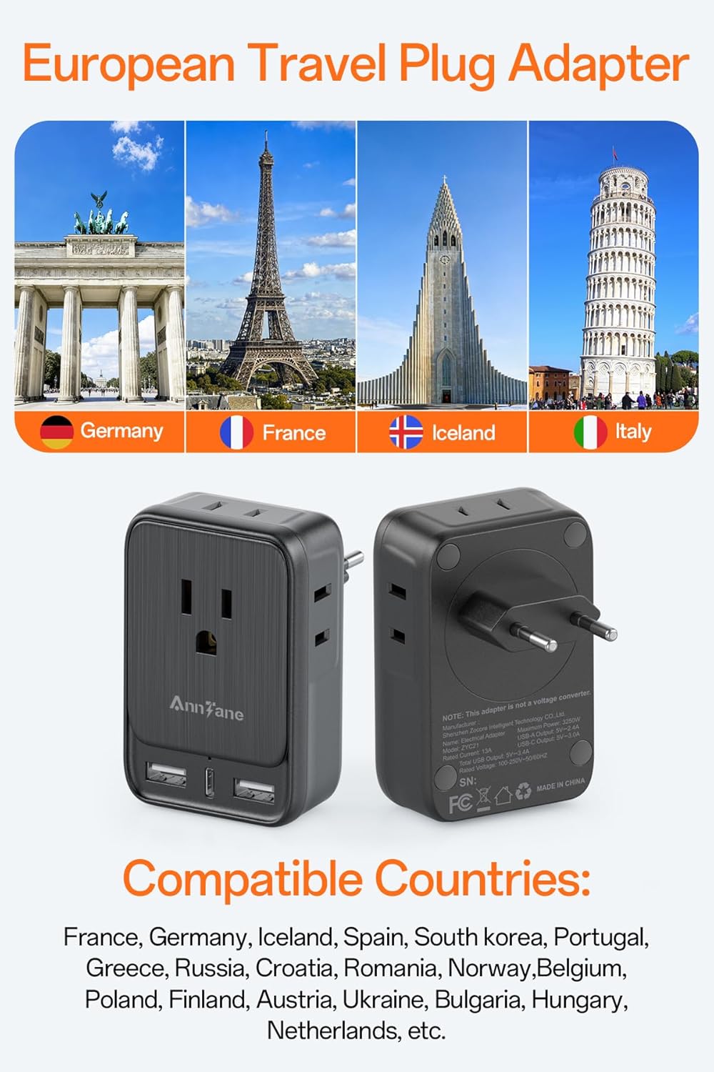 2 Pack European Travel Adapter, US to Europe Plug Adaptor with 4 Outlets 3 USB Charging Ports, Type C Power Adapter for USA to EU Euro Spain France Iceland Italy Germany Greece, Black - Image 2