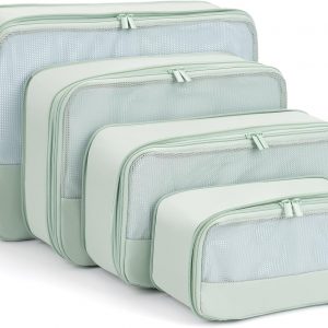 4 Set Compression Packing Cubes for Travel, Wrinkle-Resistant Memory Fabric Luggage Organizers, Lightweight Expandable Suitcase Cubes with Breathable Mesh (Light Green)