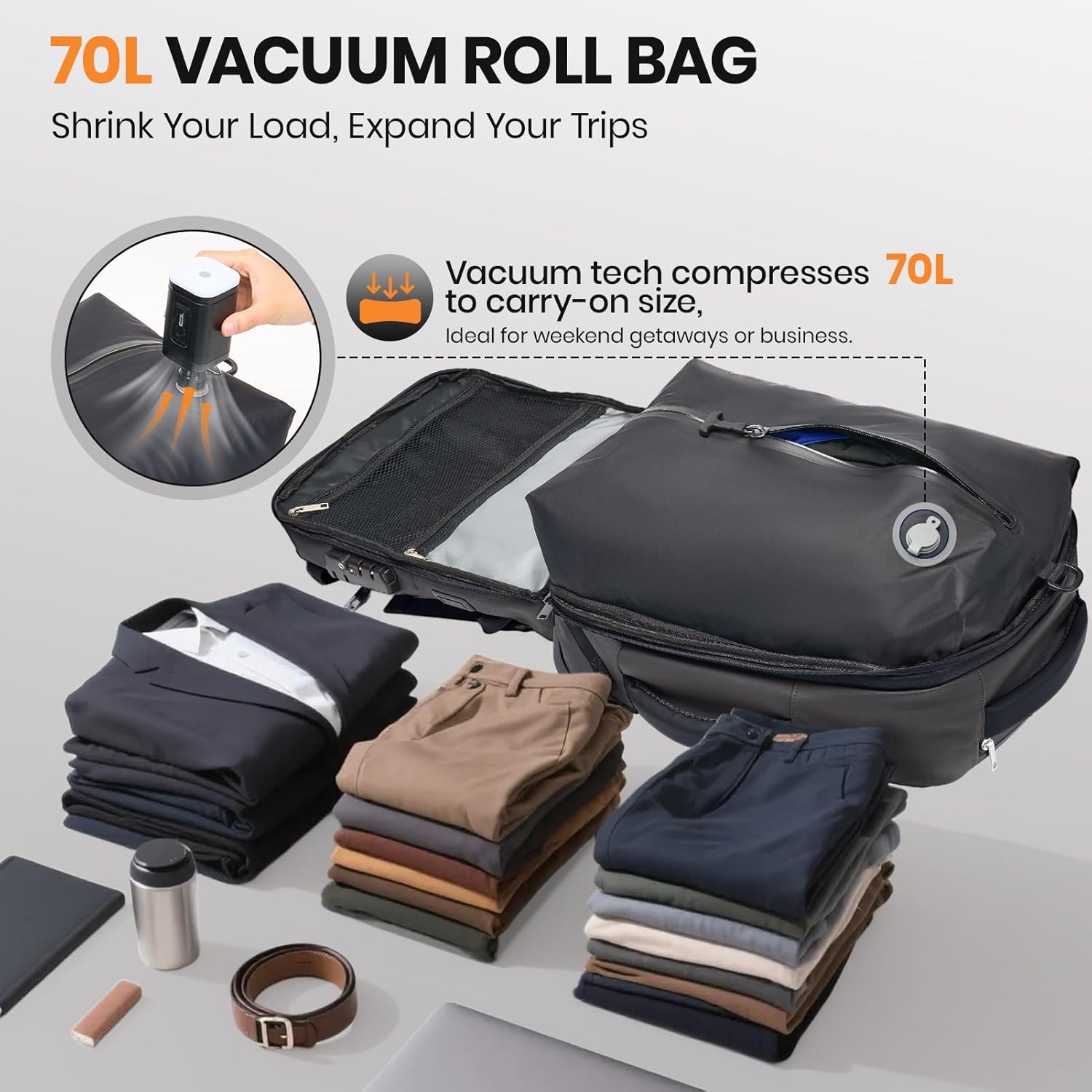 Fanwoli Vacuum Rolling Travel Backpack, Carry On Luggage with TSA Lock & Anti Theft Zipper, 70L Expandable Airback with Compression Pump, Waterproof Laptop Bag Ideal for Flight & Business - Image 8