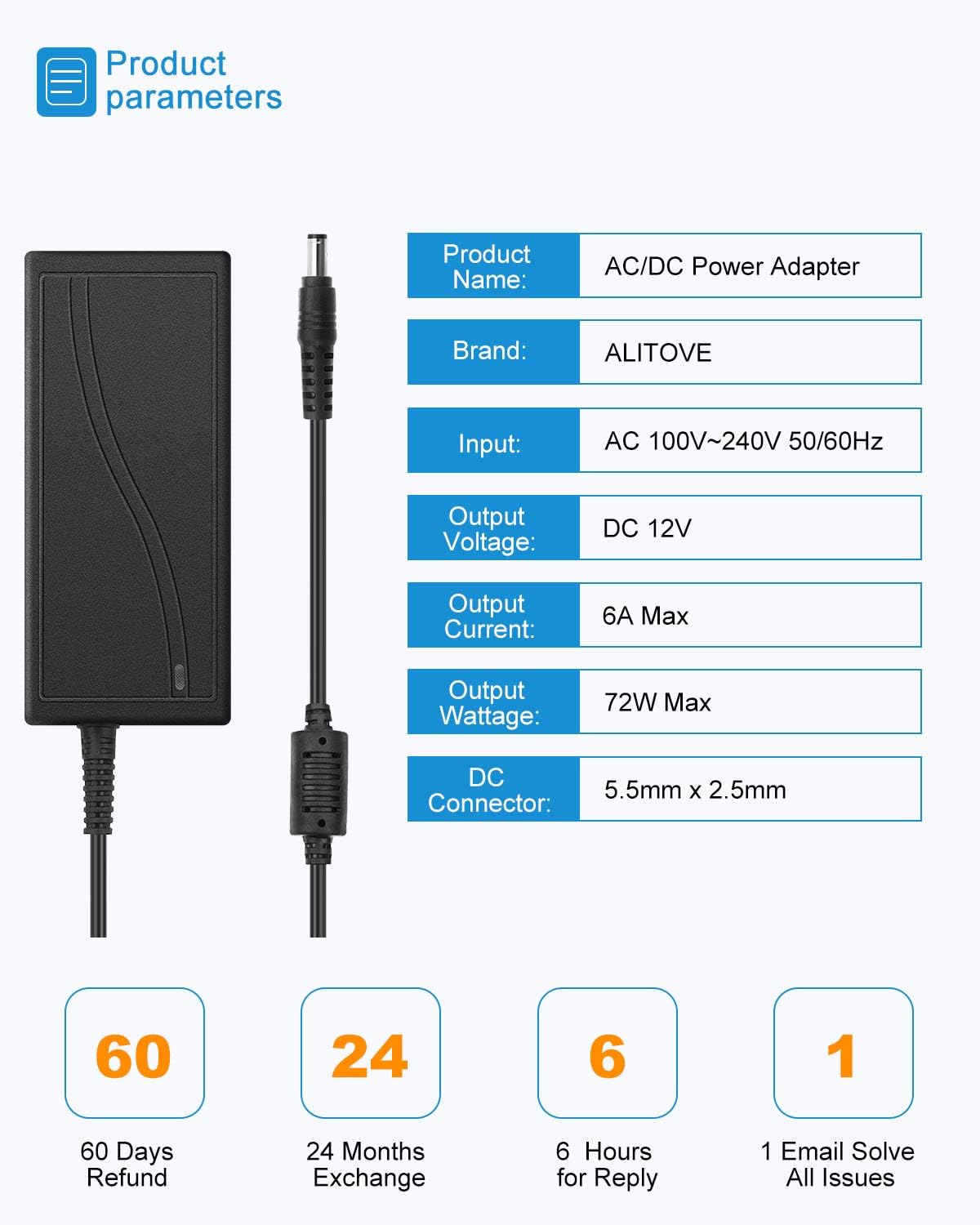 ALITOVE 12V Power Supply 6A 72W AC to DC Adapter 100~240V AC to DC 12 Volt 6 Amp Converter 12 vdc 6A 5.8A 5.5A 5.2A Transformer 5.5mmx 2.5mm 2.1mm Plug for LED Strip Light CCTV Camera DC Pump Fan - Image 2