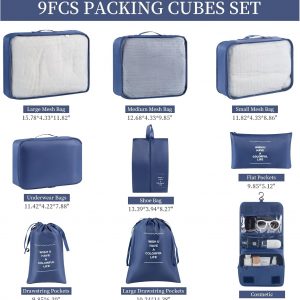 9 Set Packing Cubes for Travel Essentials, Suitcase Organizer Bags for Airplane Road Trip Camp – Navy Blue