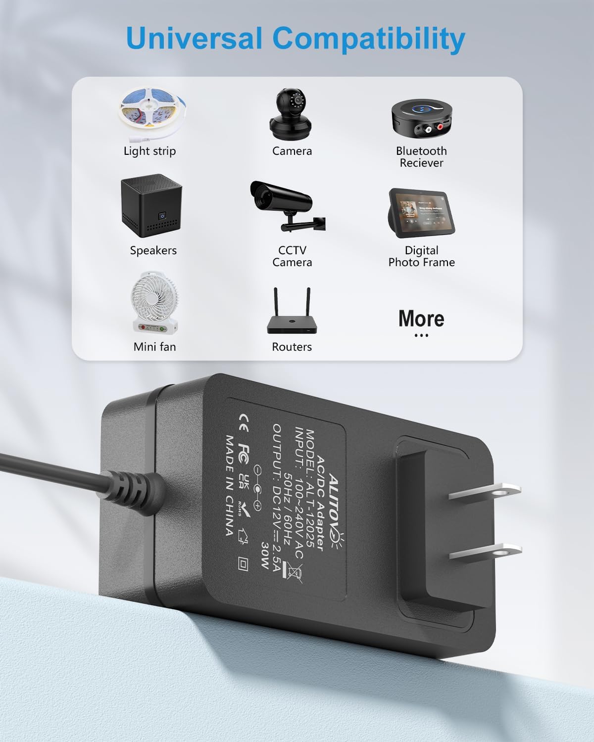 ALITOVE 12 Volt Power Supply 2.5A AC/DC Adapter 100~240V 50-60hz to DC 12V Power Cord Transformer 2.5 Amp 2A 1.5A 6.2FT with 14 Tips for LED Light CCTV Security Camera PC Monitor Router - Image 8
