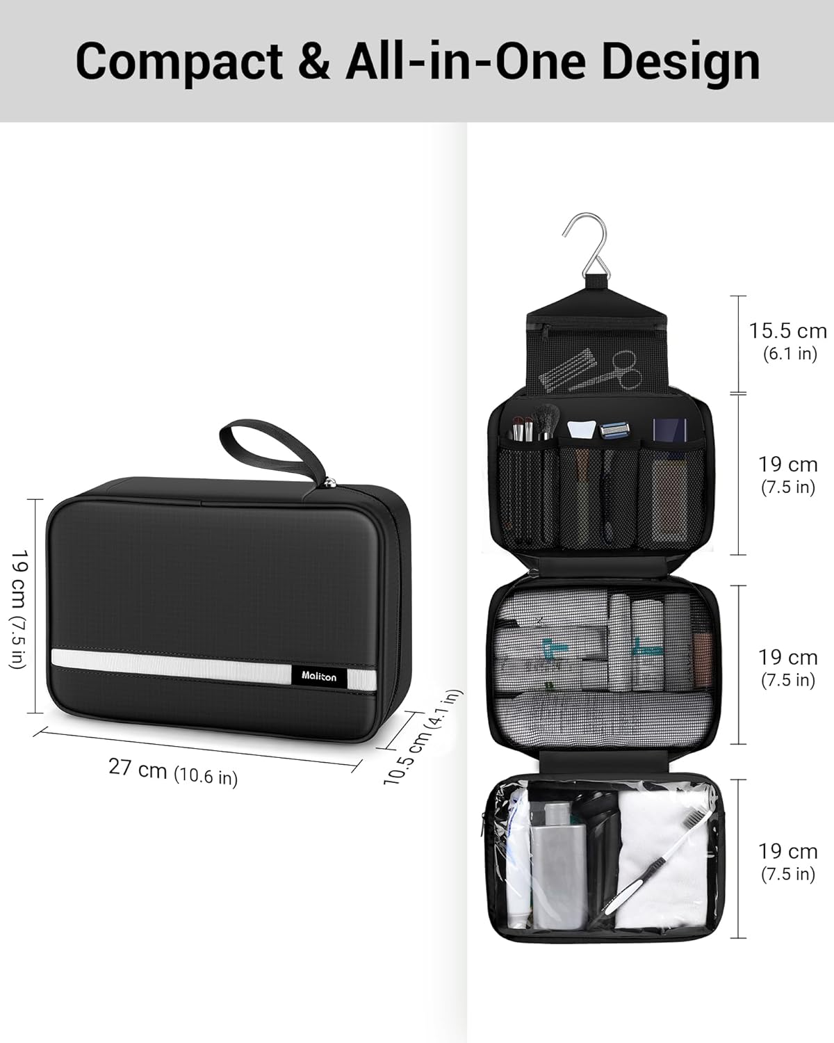 Maliton Toiletry Bag for Men & Women Travel Toiletry Bag Hanging Toiletry Bag Hygiene Organizer with 4 Compartments Waterproof Bathroom Shower Bag Large Toiletries Travel Bag(Black) - Image 3