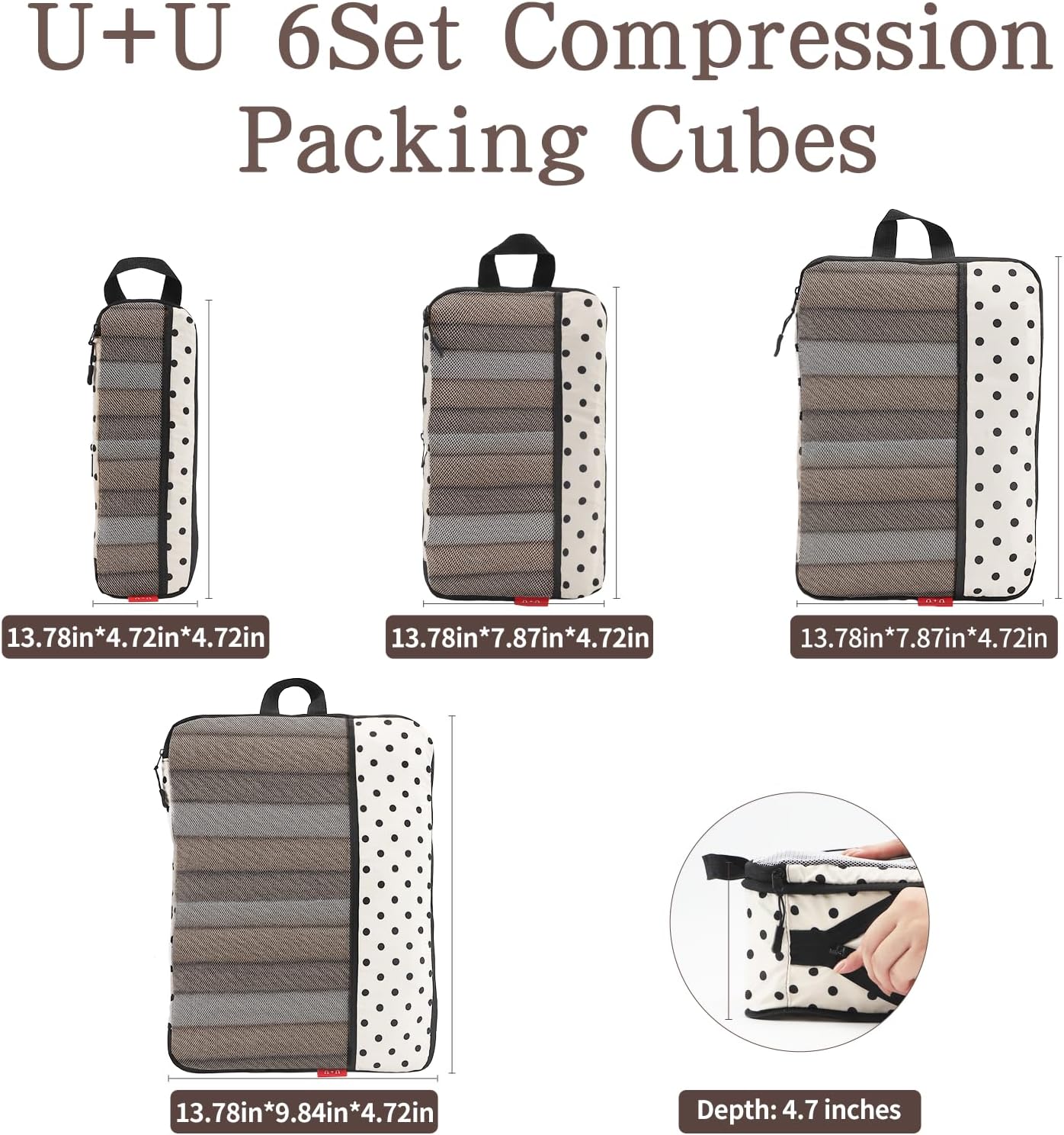 U+U 4 Set Compression Packing Cubes - Ultralight Travel Organizers, Space-Saving Suitcase Organizer, Expandable Packing Cubes for Travel, Business Trip and Family Vacation (Polka Dot) - Image 5