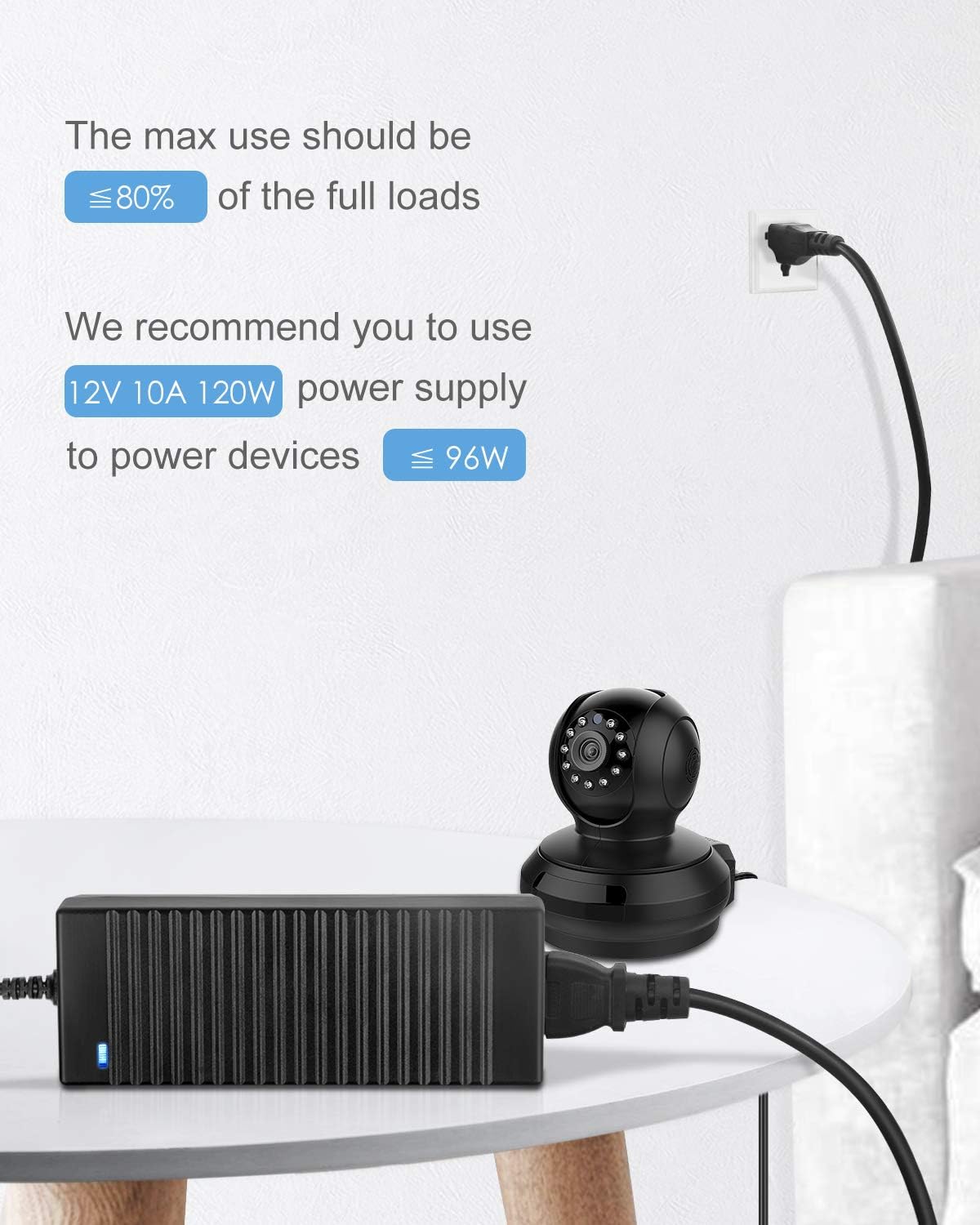 ALITOVE 12V Power Supply 10A 120W AC Adapter 100-240V 50-60HZ Transformer AC to DC Converter 12 Volt 10 Amp with 5.5x2.5mm Output Jack for 5050 3528 LED Strip Light CCTV Cameras 3D Printer - Image 7