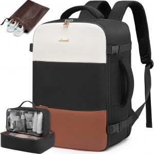 LOVEVOOK Travel Backpack for Women, Carry On Backpack Flight Approved with 3 Packing Cubes,TSA Personal Item Travel Bag Fits 15.6” Laptop,Weekender Hiking Business Luggage Daypack Beige Black Brown