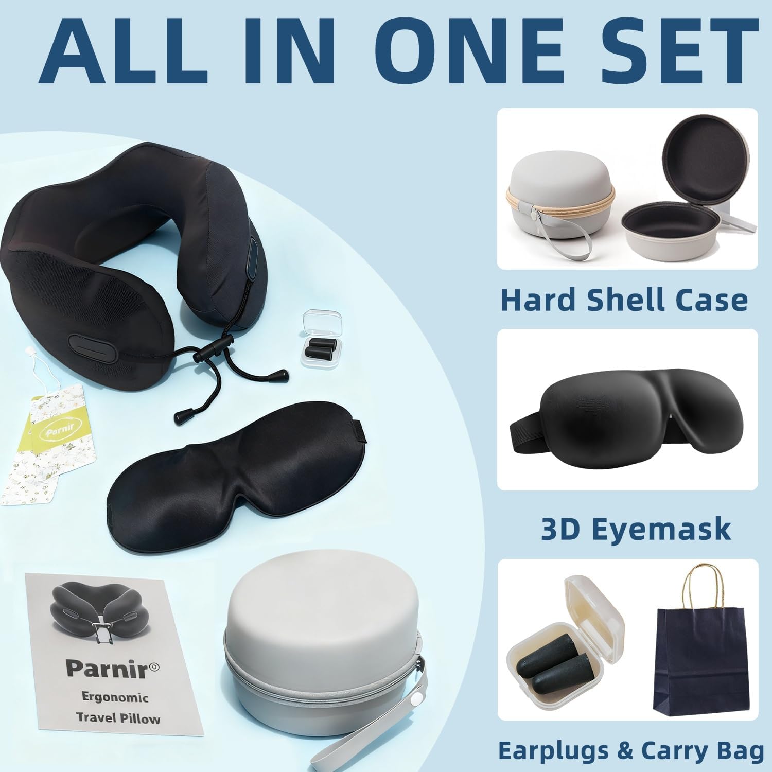 Ergonomic Travel Neck Pillow for Airplane, Memory Foam Support for Long Haul Flight Headrest, Soft Compact U Shaped for Adult Men Plane Sleeping, Portable Carry Box, Eyemask, Earplugs, Size L - Image 2