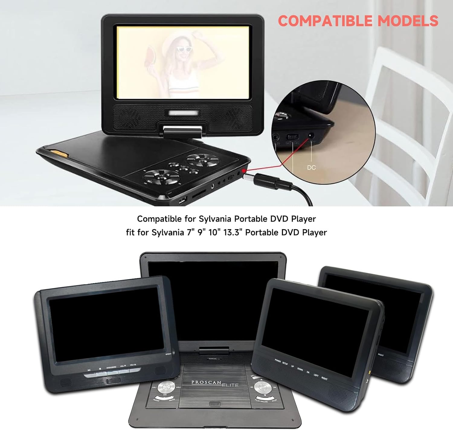Sylvania 12V AC/DC Portable DVD Player Charger - Power Adapter for 7" to 13.3" Portable DVD Players (6.5Ft) - Image 3