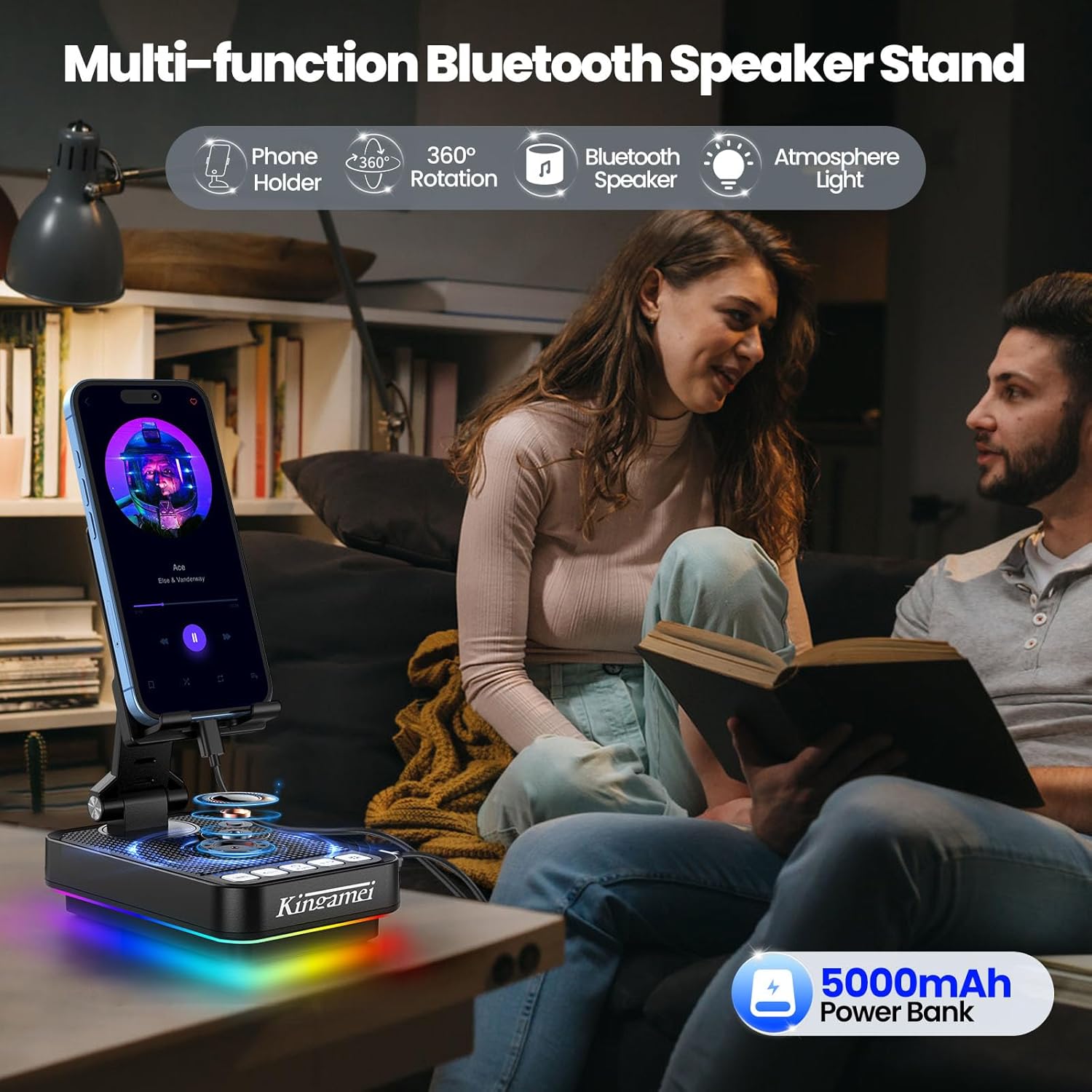 Gift for Men Women, 4 in1 Call Phone Stand with Wireless Bluetooth Speaker and Power Bank (5000mAh) & Colorful Ambient Light, Charging Bank for iPhone/Android, Birthday Gifts for Dad Mom - Image 6
