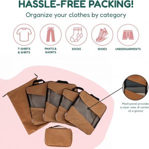 Compression Packing Cubes for Travel – 6-Pack Expandable Luggage Organizer Bags | Lightweight Storage Solution for Suitcase, Backpack & Carry-On | Travel Accessories for Men & Women (Brown & Camel)