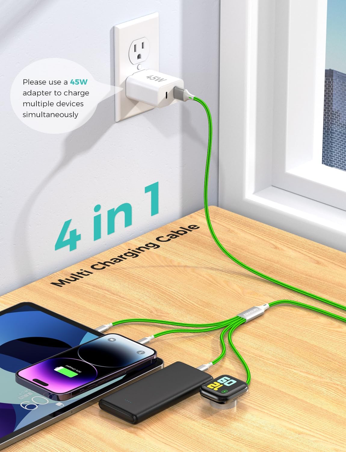 2Pack Multi Charging Cable for Apple Watch Charger 4 in 1 Travel Essentials RV Camping Essentials USB C/L/Micro Compatible with iWatch Series 11-1/iPhone 17/16/15/Android Airplane Gadgets-4FT/Green - Image 2