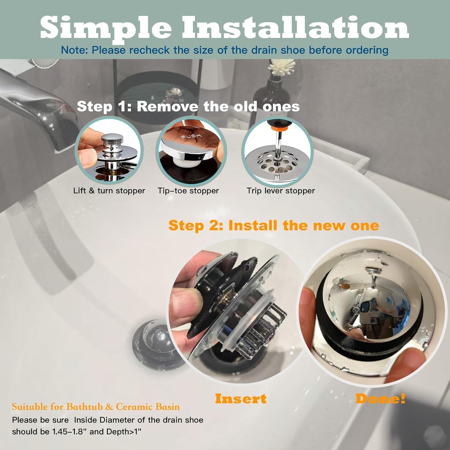 Bathtub Drain Stopper, Bath tub Drain Hair Catcher, Universal Bathtub Stopper, Bath tub Plug, Pop-up Tub Stopper with Effective Filter Basket, Anti-Clogging Sink Stopper & Tub Shroom (Chrome) - Image 7