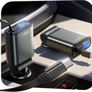 LISEN Car Charger USB C Fast Charge, Retractable Car Charger USB C [98% Space-Smart] for RV Truck BMW Car Accessories for Women Men Phone Type C Car Charging for iPhone 17 16 15 Samsung S25 Android