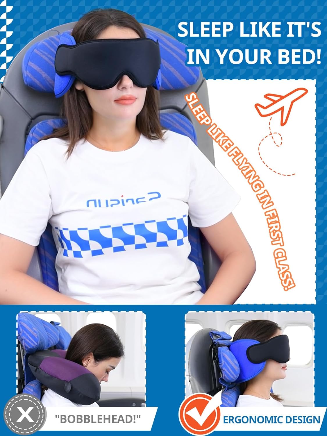 Travel Pillows for Airplanes, 360° Support Headrest Pillow with Eye Mask for Sleeping Long Flights, Travel Pillow for Car Road Trip, Car Headrest, Travel Accessories Stop Bobblehead, Black - Image 2