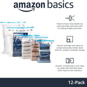 Amazon Basics Vacuum Compression Space Saving Storage Bags with Hand Pump for Travel, Multiple Sizes for Clothes and Blankets, Clear, 12 Pack (3 Small, 3 Medium, 3 Large & 3 Jumbo)