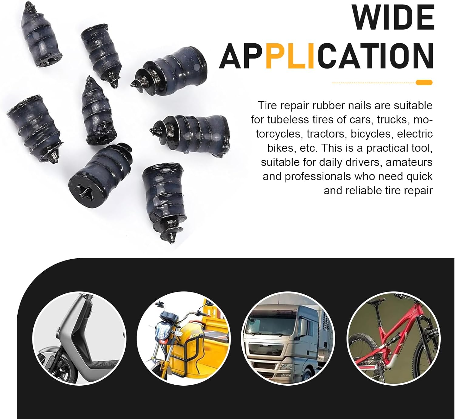 60 PCS Tire Repair Rubber Nails, Rubber Vacuum Tire Repair Kits, Spiral Tire Screw Plugs, Universal Self-Service Tool for Car Motorcycle Truck Tire Puncture Repair (Black) - Image 7