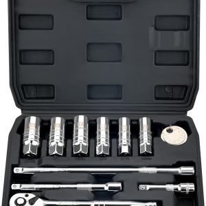AEROFORCE 12PCS 3/8″ Drive Spark Plug Socket Set with Ratchet Handle, Universal Joint, Extension Bar & Spark Plug Gapper, Fits 9/16″, 5/8″, 3/4″, 13/16″, 14mm, 18mm, CR-V Steel with Rubber Holder Ring