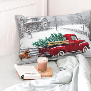 Jbralid Vintage Farmhouse Christmas Pillowcase Red Truck and Pet Dog Winter Pillow Cover Cotton Linen Hidden Zipper Design Indoor Home Decor Throw Pillow Case 20×36 Inch