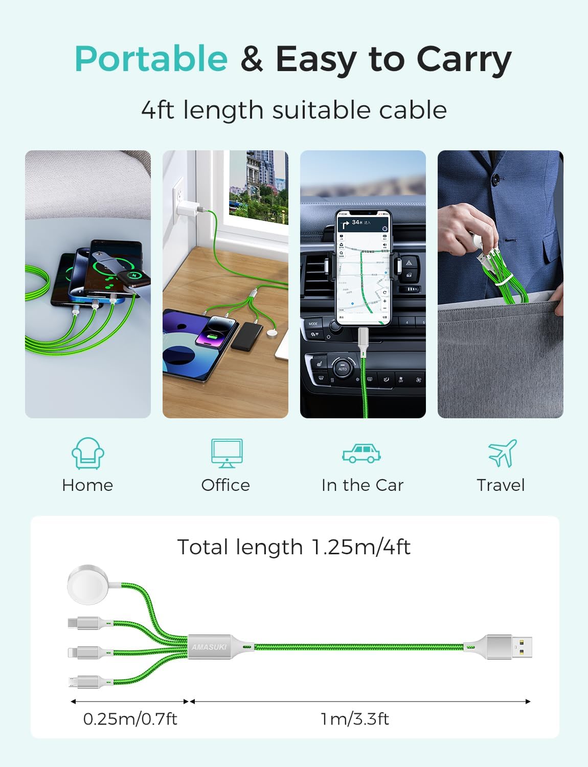 2Pack Multi Charging Cable for Apple Watch Charger 4 in 1 Travel Essentials RV Camping Essentials USB C/L/Micro Compatible with iWatch Series 11-1/iPhone 17/16/15/Android Airplane Gadgets-4FT/Green - Image 5