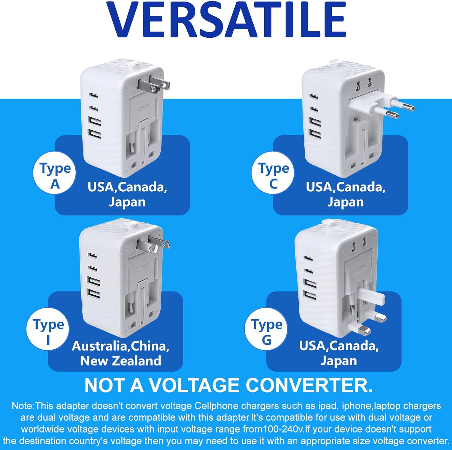 Universal Travel Adapter Worldwide International Plug Adaptor with 2 USB C 2 USB A Ports,World Power Outlet for European USA UK Australia Ireland - Image 2