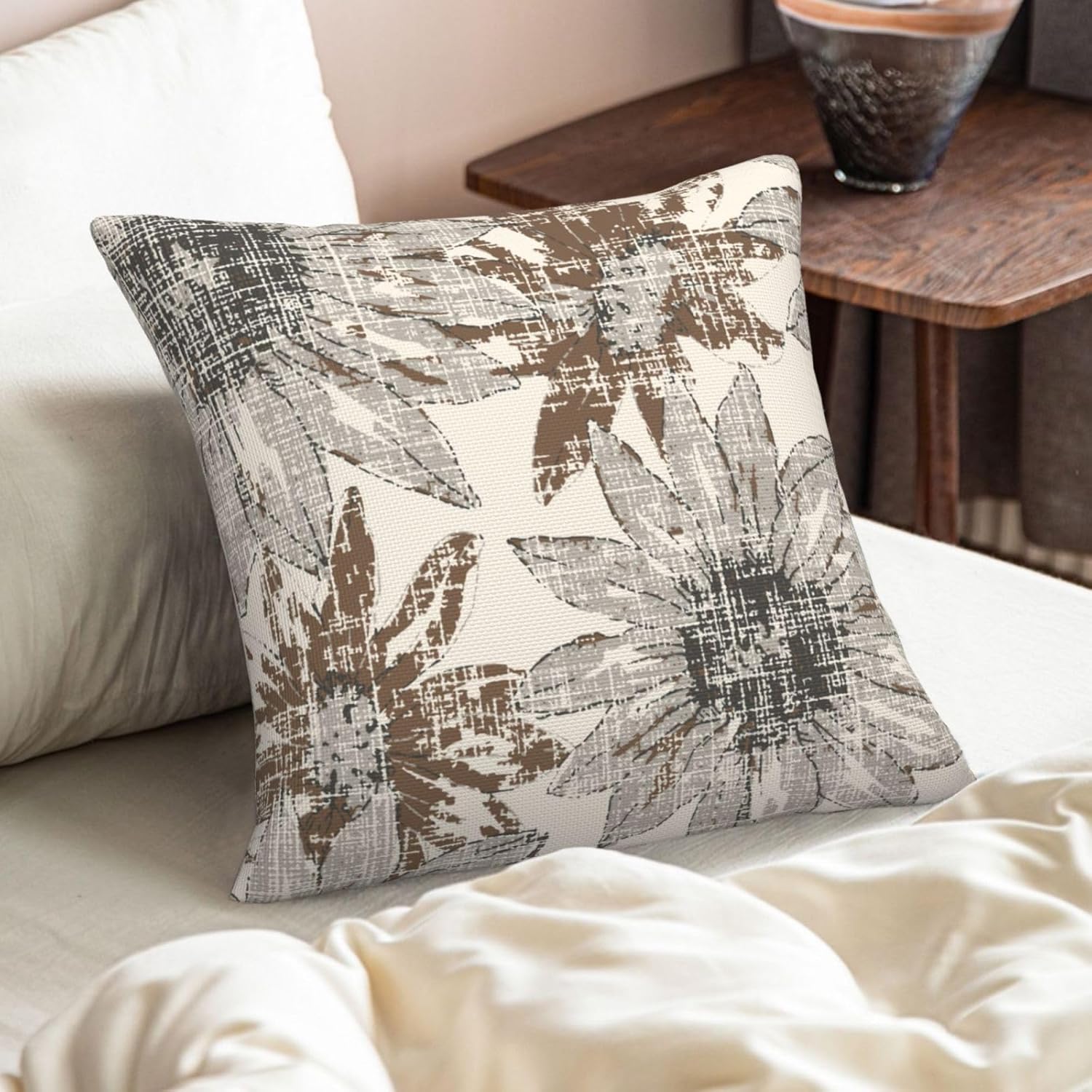ZYNTIRAX Brown Grey Floral Throw Pillow Covers Retro Sunflower Flowers Pillow Cover 20x20 Inch Set of 2 Modern Art Floral Pattern Pillowcase Square Cushion Cases for Home Couch Sofa Bed - Image 6