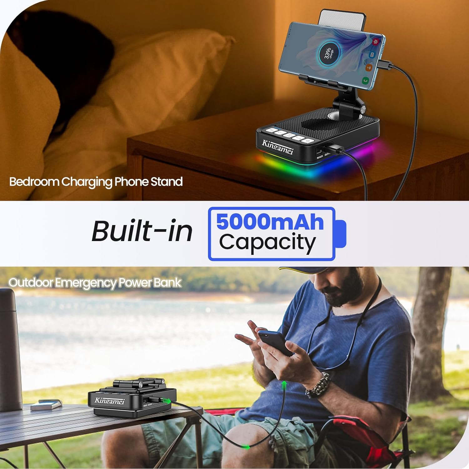 Gift for Men Women, 4 in1 Call Phone Stand with Wireless Bluetooth Speaker and Power Bank (5000mAh) & Colorful Ambient Light, Charging Bank for iPhone/Android, Birthday Gifts for Dad Mom - Image 3