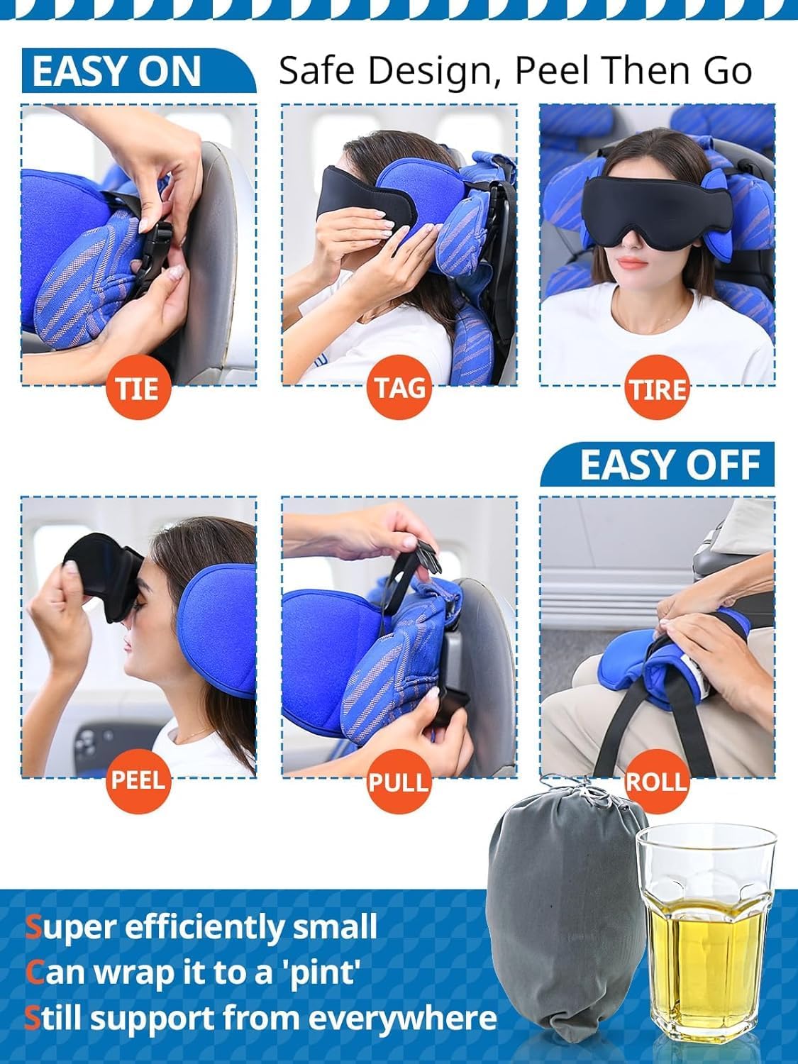 Travel Pillows for Airplanes, 360° Support Headrest Pillow with Eye Mask for Sleeping Long Flights, Travel Pillow for Car Road Trip, Car Headrest, Travel Accessories Stop Bobblehead, Black - Image 7