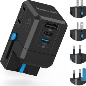Pocket-Sized International Power Adapter, BEONDON 5-in-1 European Travel Plug with Dual USB-C (25W PD + 15W) & USB-A, 2 Polarized US AC Outlets for Europe UK AU IT JP