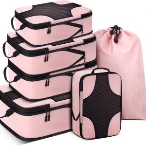 SDGFUI 6 Set Compression Packing Cubes for Travel Women, Compression Bags Organizer for Packing Luggage Space Saving, Suitcase Organizer Set for Travel Essentials – Pink