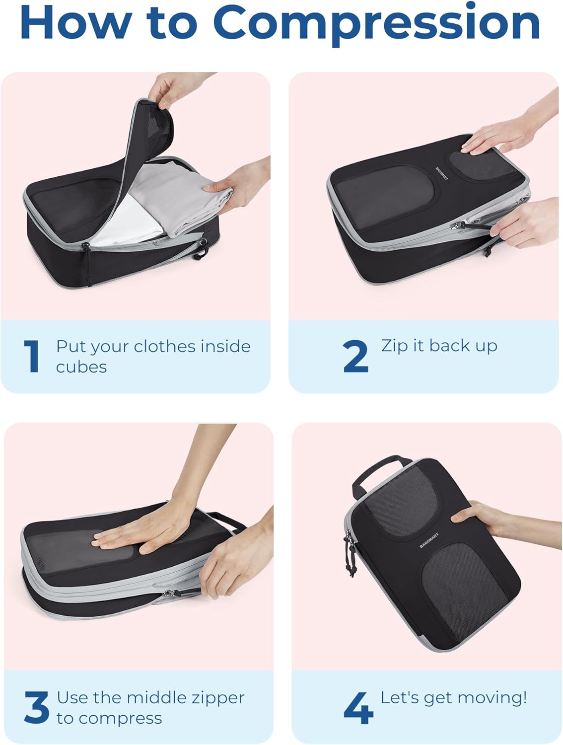 BAGSMART Compression Packing Cubes, 6 Set Packing Cubes for Suitcases, Lightweight Suitcases Organizers Bag Set & Compression Travel Cubes, Travel Essentials Packing Organizers Black - Image 3