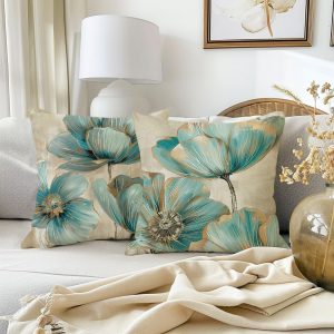 LSMIAO Print Green Poppy Flowers Throw Pillow Covers, Teal Blue Floral Pattern, 18×18 Inch, 100% Polyester, Hidden Zipper, Set of 4, Green Plants Decoration Cushion Covers, Without Pillow Inserts