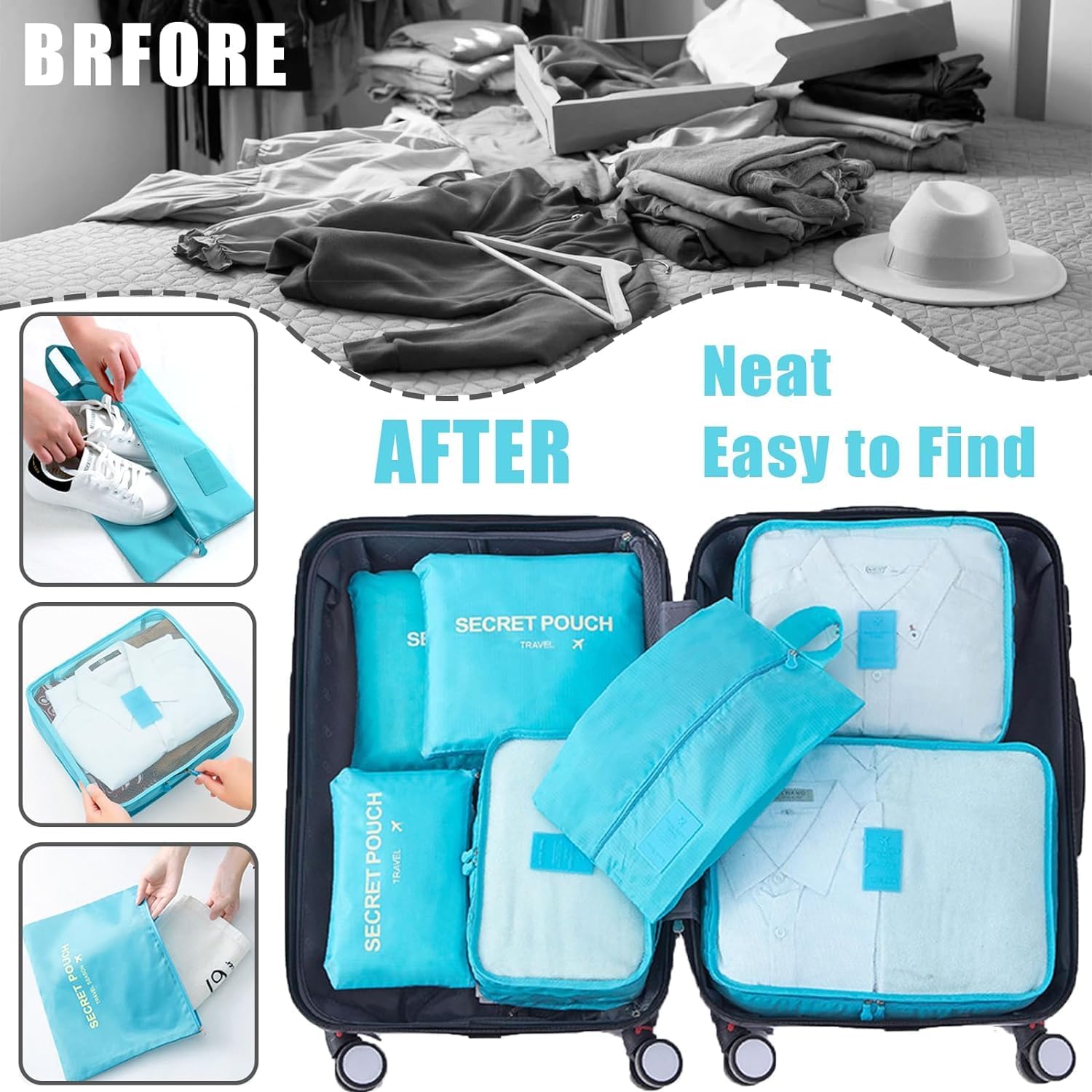 INVODA 7 piece Multi-size Packing Cubes for Travel Suitcase Organizer Bags Lightweight Travel Bags (Sky Blue) - Image 6