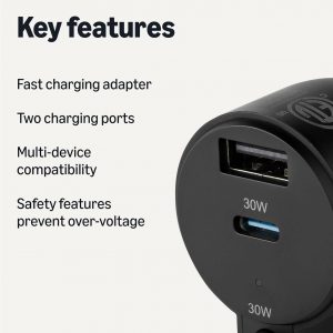 Amazon Basics Fast-Charging Car Charger, 1 USBC+1 USB-A +1 Built-in Coiled Cable USB-C, 60w, Black