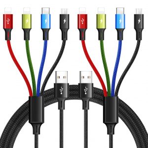 Multi Charging Cable 3.5A Multiple Charger Cable Braided 4 in 1 Multi USB Cable Fast Charging Cord with IP/Type C/Micro Ports for Cell Phones/iPhone Series/Tablets/Samsung Galaxy & More (2Pack 4Ft)