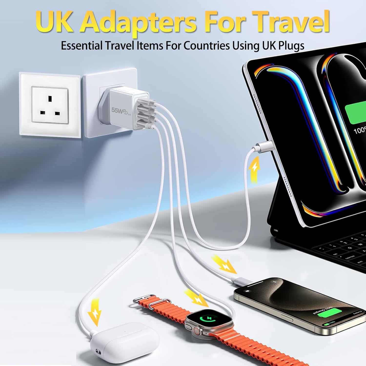 UK Travel Plug Adapter, Type G Plug Adapter 55W 4 Port UK USB C Charger Fast Charging Block UK Ireland Plug Charger for iPhone 17 16 15 14 13 12 11 Pro Max X 8, Galaxy, LG, Pixel, Android - Image 2