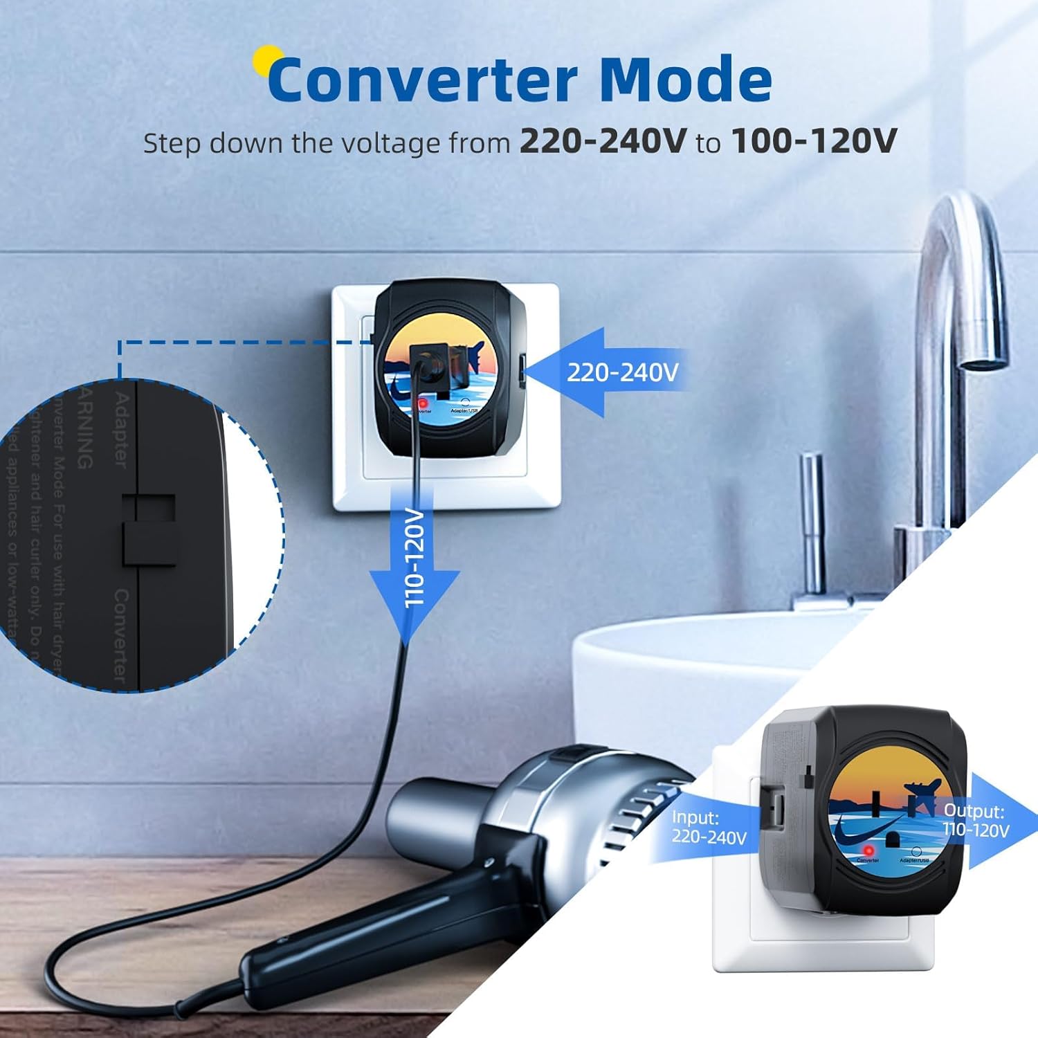 FUNPRO Travel Voltage Converter, 2000W Step Down 220v to 110v Power Converter for Hair Dryer, Power Converter for Hair Dryer/straighteners, 2 USB Ports & 4 Adapter Plugs for EU Over 210 Countries - Image 2