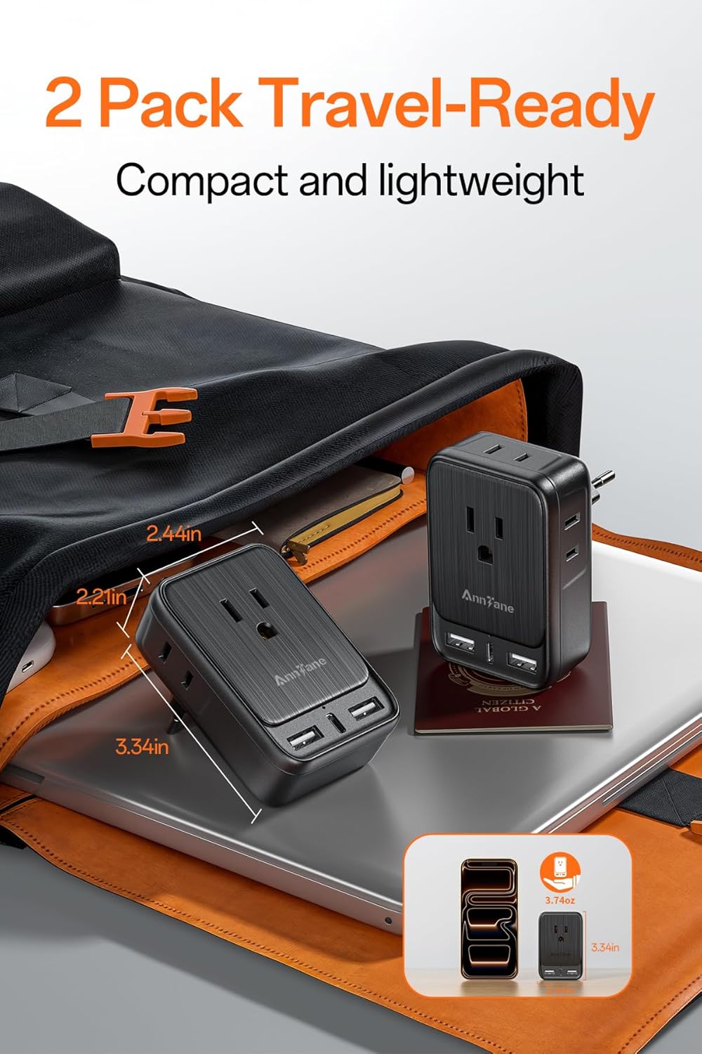 2 Pack European Travel Adapter, US to Europe Plug Adaptor with 4 Outlets 3 USB Charging Ports, Type C Power Adapter for USA to EU Euro Spain France Iceland Italy Germany Greece, Black - Image 3